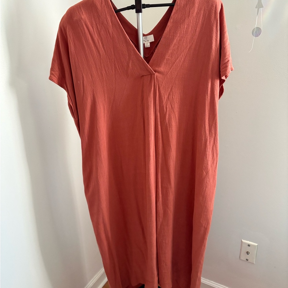 P.Cill Clay Rust Orange V-Neck Linen Blend Oversized Dress S Small